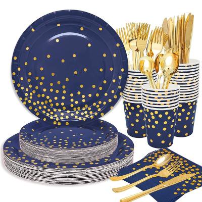 China Disposable hanping blue gold foil printed disposable paper plates tableware sets for wedding party baby shower birthday party for sale