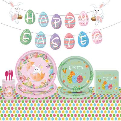 China Disposable Easter Party Supplies Set Happy Easter Paper Plates and Napkins Kit Pink Easter Bunny Dinnerware Set Cups Cake Toppers Banner for sale