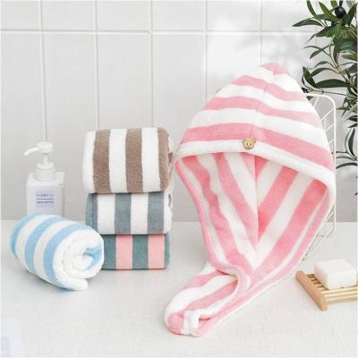 China Hair Drying Towel Custom Microfiber Fleece Hair Turban Coral Stripe Hair Drying Towel for sale