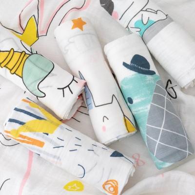 China Large Cartoon Print 70% Bamboo 30% Cotton QUICK DRY Custom High Quality 2 Diapers Muslin Baby Wrap Muslin Baby Blanket for sale