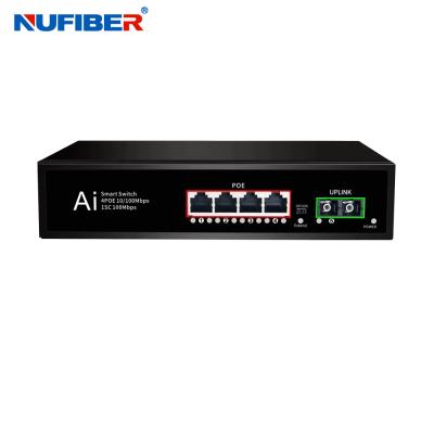 China 10/100/1000M PoE Ethernet Fiber Switch 4*10/100/1000Mbps to Fiber POE Switch DC52V Te koop