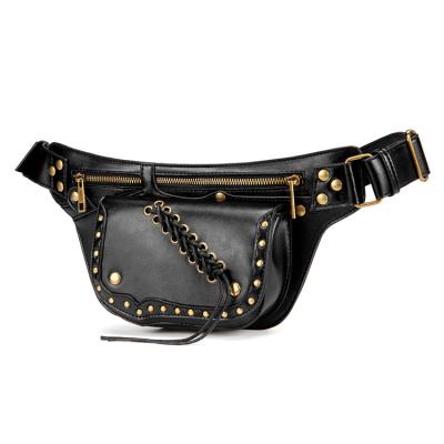 China Vintage Black Leather Chest Water Proof Custom PU Bag Punk Women Fanny Pack Waist Bag for sale