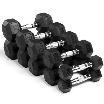 China Solid Polyester Gym Core Equipment Strength Training Cast Coated Rubber Hex Dumbbells For Sale for sale