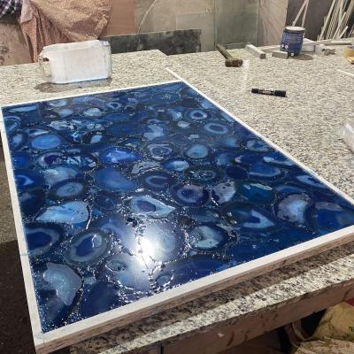 China EUROPEAN Custom Solid Gemstone Marble Dining Blue Gray Agate Marble Table Top for sale