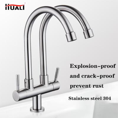 China 304 Stainless Steel Kitchen Faucet Dual Hose Kitchen Sink Double Outlet Metered Single Cold Universal Rotating Faucet for sale