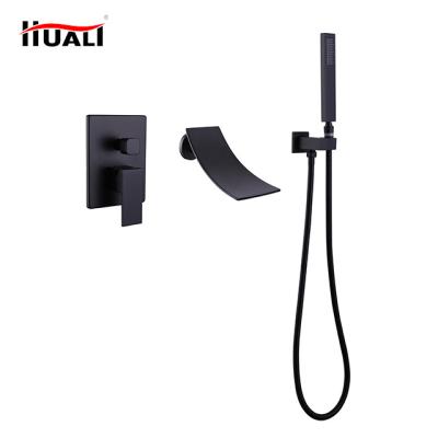 China Sliding Barless Aosheng Three Hole Matt Black Concealed Wall Mounted Brass Tub Filler Tub Faucet and Shower Mixer Tap Bathroom Faucet Set for sale