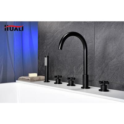 China Aosheng Five Holes Matt Black Concealed Deck Mounted Brass Five Holes Slide Bar Tub Filler Bathroom Tub Faucet and Shower Mixer Tap Faucet Set for sale