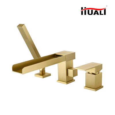 China Without Slide Bar Aosheng Three Hole Gold Brushed Deck Mounted Brass Tub Filler Tub Faucet and Shower Mixer Tap Bathroom Faucet Set for sale