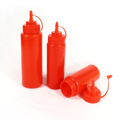 China Empty Custom Plastic Condiment BBQ Chili Ketchup Bottle Food Grade 8oz LDPE Ketchup Squeeze Bottle With Scale For Syrup, Sauce, Ketchup, BBQ Sauce, Condiment for sale