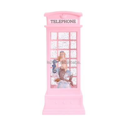 China Europe Phone Booth Shape Sequin Water Rotating Flashing Fairy Light Led Decoration Night Luminous Desk Light for sale