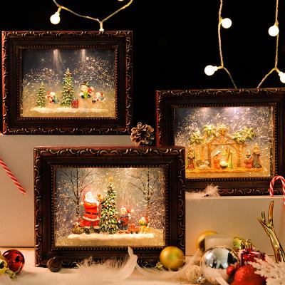 China Christmas Gifts Classic Resin Frame Gift Jar LED Lights Christmas Decoration Snow Lights for sale