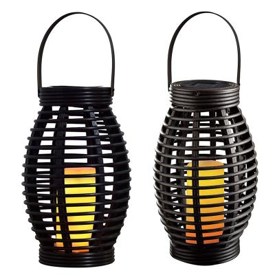 China Garden Outdoor Hanging Garden Plastic Weave Lighting Waterproof LED Candle Powered Solar Camping Lantern for sale