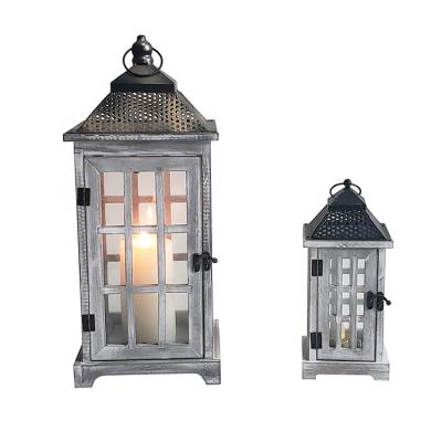 China Cheap Home And Garden Lantern Wooden And Glass Decoration Candle Lantern With Metal Top for sale