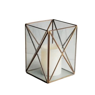 China Square Home Glass Copper Candle Holder Decoration Geometric Mini Greenhouse Decorating Candle Holder for sale