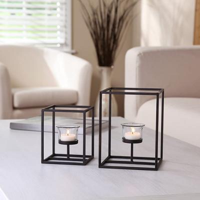 China Home Decor Factory Made Set of 2 Modern Art Style Metal Iron Candle Holders with Tealight Clear Glass Holder for Home and Wedding for sale