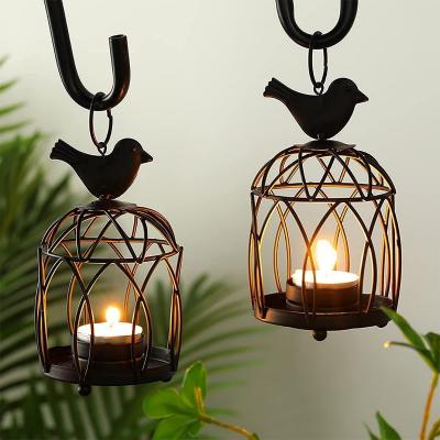 China Small Metal Bird Black Decoration Birdcage Tealight Lantern Hanging Decorative Candle Holders Home Candlestick Top Holder For Table Wedding Room for sale