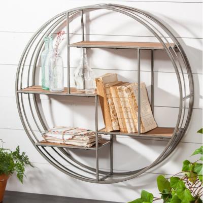 China Wholesale High Quality Metal Round Mount Shelf Decoration Wall Hanging Wood Shelf For Living Room for sale