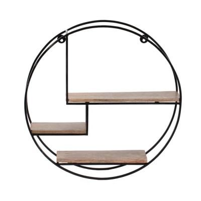 China Hot Sale Iron Round Bathroom Tool Wall Hanging Rack Wooden Stocked Shelf For Home for sale