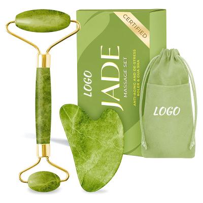 China Hot Selling Face Massage Tools Xiuyan Green Jade Guasha Face Roller With Custom Logo for sale