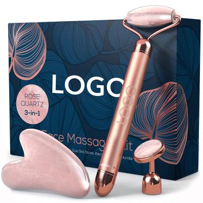 China Rose Quartz Electric Vibrating Jade Facial Roller 3-in-1 Kit Cellulite Reduction Jade Massage Face Roller Gua Sha for sale