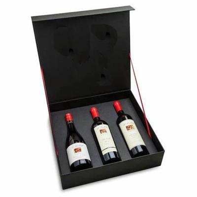 China bespoke three bottle red wine box  black soft touch liquor box with ribbon for sale