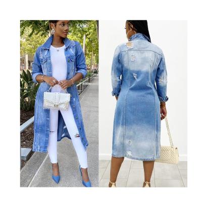 China None Lady Fashion Long Sleeve Ripped Striped Denim Outwear Casual Ladies Long Coat for sale