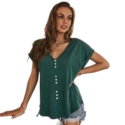 China Anti-Wrinkle Pure Color V-neck Short Sleeve Women's Button Casual Loose Top Single Top for sale