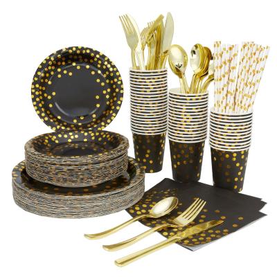 China Fashionable Luxury Gold Black Disposable Tableware Set Decorations Birthday Party Tableware Disposable Dishes 10pcs for sale