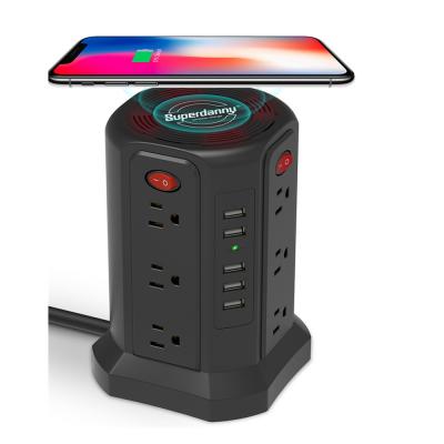 China 12 ac outlet 5 usb ports hot sale surge protector tower power strip with 12 socket and 5 usb 1 wireless charger for sale