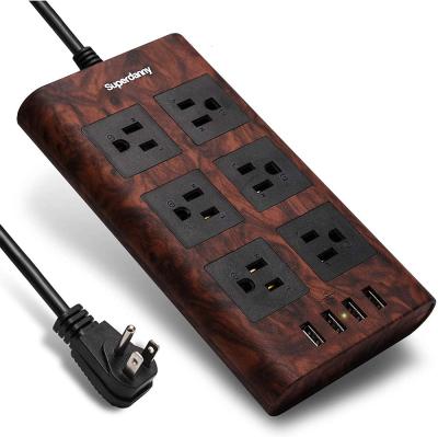 China 6 AC Outlet 4 Port USB Flat Extension Socket Surge Protector Power Strip With Tether Cable Tie USB Charger for sale