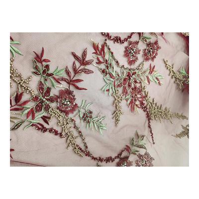 China Wholesale Luxury Shrink-Resistant Bridal Embroidery Fabric Beads Heavy Textile Fabric For Women's Dress for sale