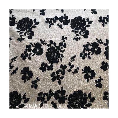 China Breathable Velvet Polyester Customized Embroidery Flocking Sequins Fabric For Fashion Lady Dress for sale