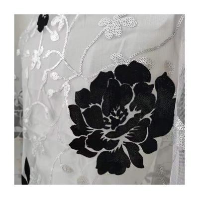 China 100% Embroidery Polyester Breathable Customized Black Flocking Mesh Fabric With 3mm Sequin for sale