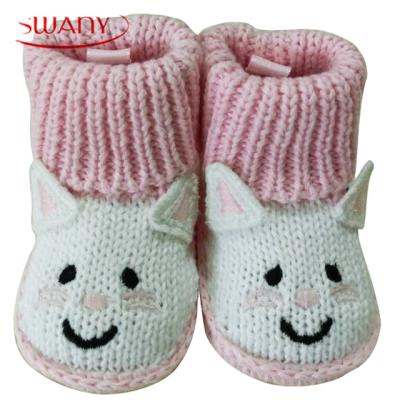 China Embroidery baby infant knitted slippers and crocheted booties with 3D ears and embroidery for sale