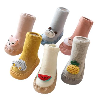 China New Style Leather Unique Baby Shoes Non-slip Toddler Floor Baby Socks Cartoon Doll Anti-skid and Kids Socks for sale