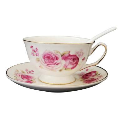 China Viable Hot Sale Pink Bone China Coffee Cup Ceramic Tea Cup And Saucer Sets With Spoon for sale