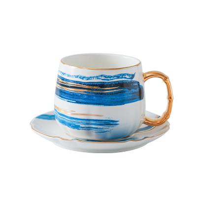 China 2022 Viable Oil Painting Design Porcelain Coffee Cup And Saucer Set With Gold Handle For Gifts for sale