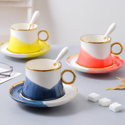 China New Design Porcelain Coffee Viable Marble Cups And Saucers Set With Gold Handle With Gift Boxes for sale