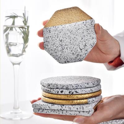 China Viable Round Matte Marble Gray Cup Coaster With Gold Plated Cup Mats And Black Spots for sale