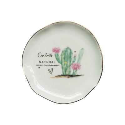 China Simple Modern Natural Factory Wholesale Cactus Ceramic Jewelry Organizer Dish Ring Holder Dish Tray Gold Rim Decorative Trinket for sale