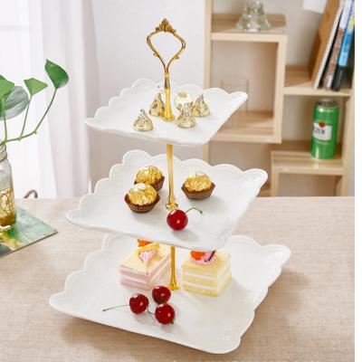 China Viable 3 Tier Wedding Tea Party Serving Tray Bulk Stock Ceramic Dessert Cake Stand for sale