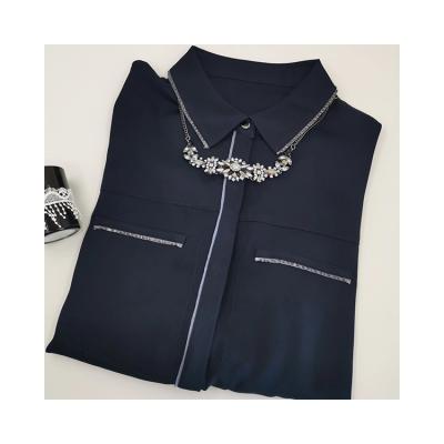 China Anti-wrinkle Silk Long Sleeve Button Up Casual Shirt Women Silk Shirt With Dark Blue for sale