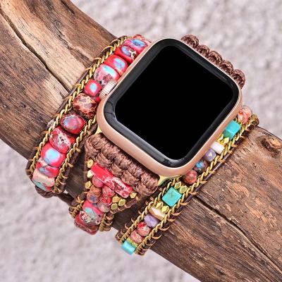 China Fashion Luxury Popular Hot-selling Natural Red Stone Apple Watch Band \ Dress 38 42 Mm Smart Watch Strap Wholesale Waist End Wrap Bracelet Wax Rope Strap for sale