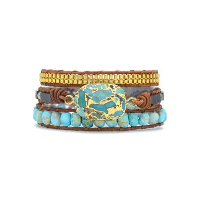 China Vintage Religious Handmade Leather Bracelet Natural Boho Emperor Stone Turquoise Bead 3 Layers Wrap Bracelet Gift for sale