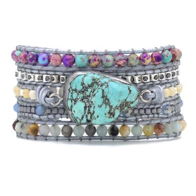 China Religious Natural Stone Bracelet Turquoise Handmade Crystal Beads Stone Charm 5 Strands Wrap Bracelets Gift Wholesale for sale