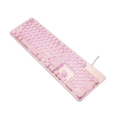 China Anti-ghosting best selling 104 pink luminous cool main office computer gaming waterproof mechanical wired keyboard for sale