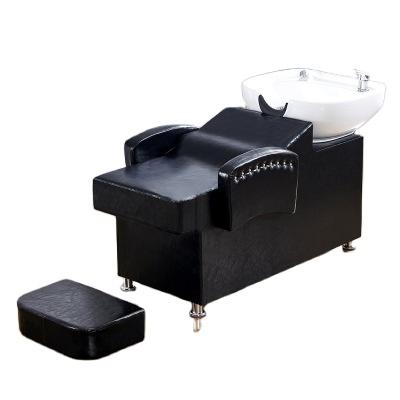 China Modern European Style Simple Black Soft Leather Barber Shop Special Shampoo Bed Hair Salon Semi-lying Rinse Chair for sale