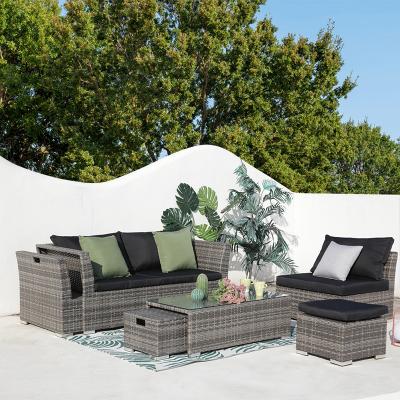 China Gray Rattan Corner Modern Outdoor Waterproof PE Furniture Space Saving Garden Furniture Wicker Rattan Sofa Set for sale