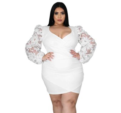 China Anti-Static White Surplice Neckline Floral Puff Sleeves Plus Size Dress Women's Dresses Dress for sale