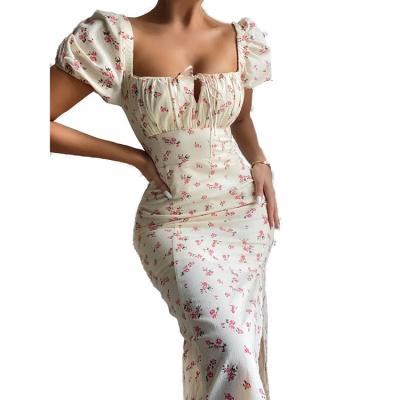 China Hot Sale Anti-Wrinkle Floral Print Bodycon Square Neck Floral Dress Shorts Sheath Long Casual Plus Dresses for sale